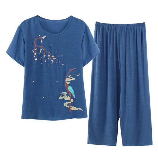 2 шт./компл. среднего возраста, эластичный пояс с принтом, комплект с круглым вырезом, женские пижамы с короткими рукавами, плиссированные, свободные