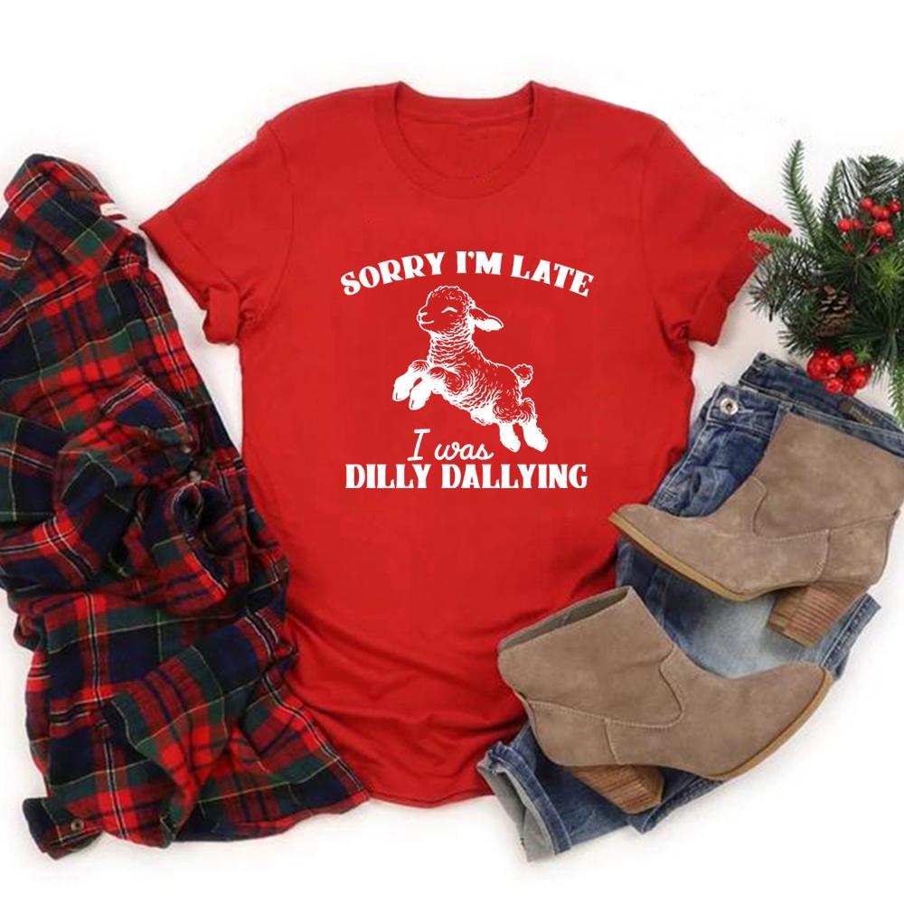 Извините, я опоздал, я просто валялся, футболки, милая футболка с изображением ягненка и овцы, повседневная футболка с коротким рукавом, забавная женская одежда, футболка с круглым вырезом