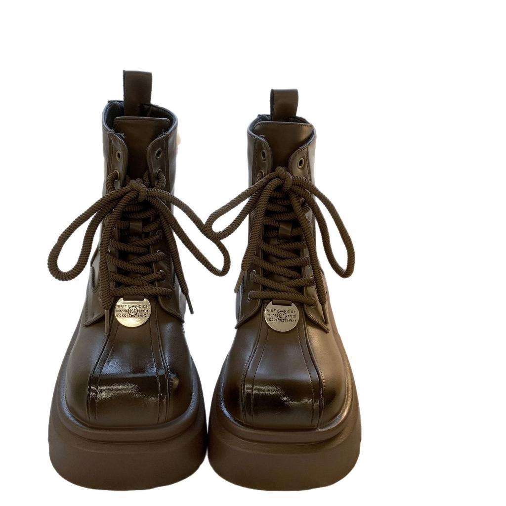 Martin Boots Women's Autumn New Spice Girl Square Head Big Head Lace-up Thick Sole Heightening Autumn and Winter Velvet Boots