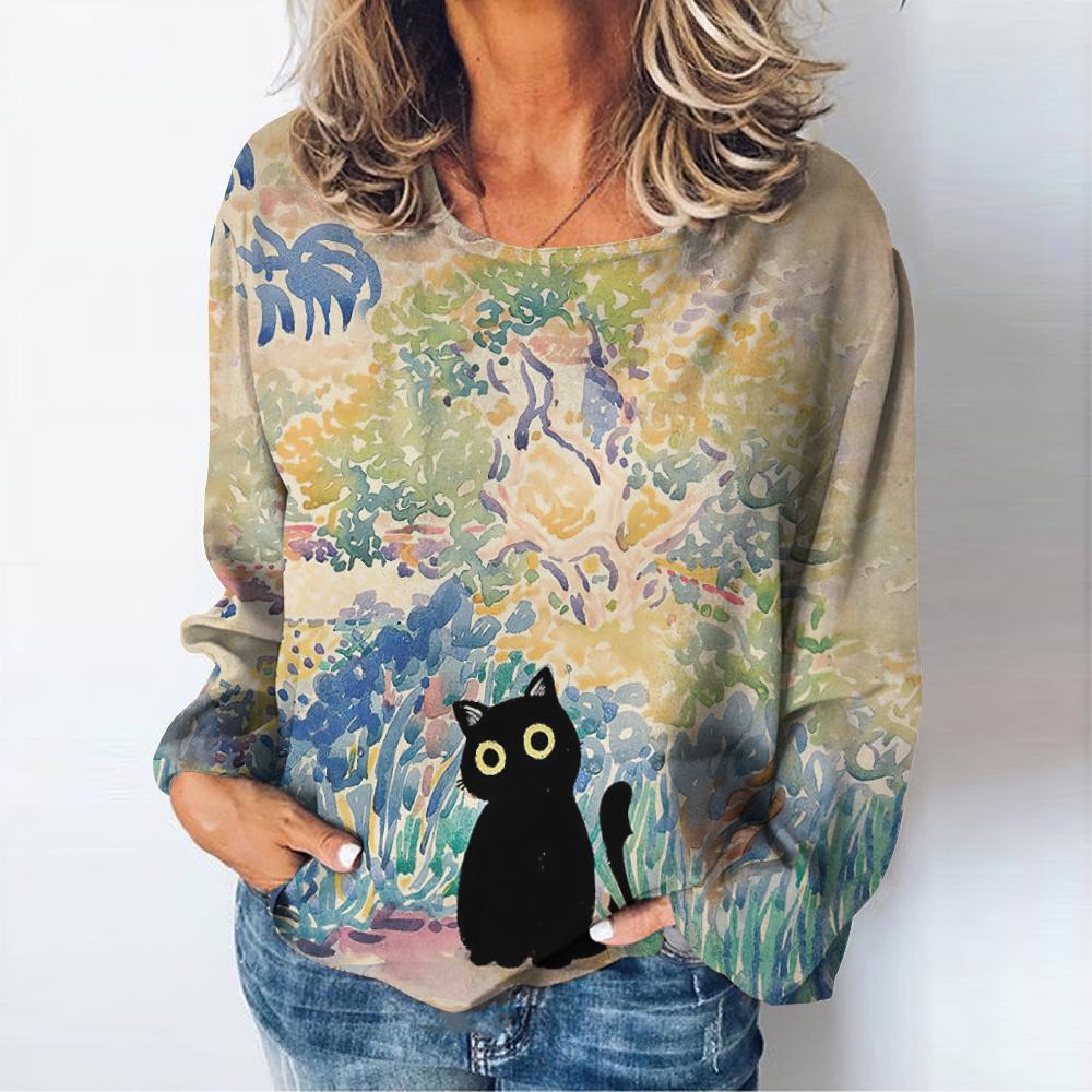 Harajuku Vintage женские футболки женская одежда цветы кошка принт длинные рукава футболка повседневный свободный топ пуловер осень / зима