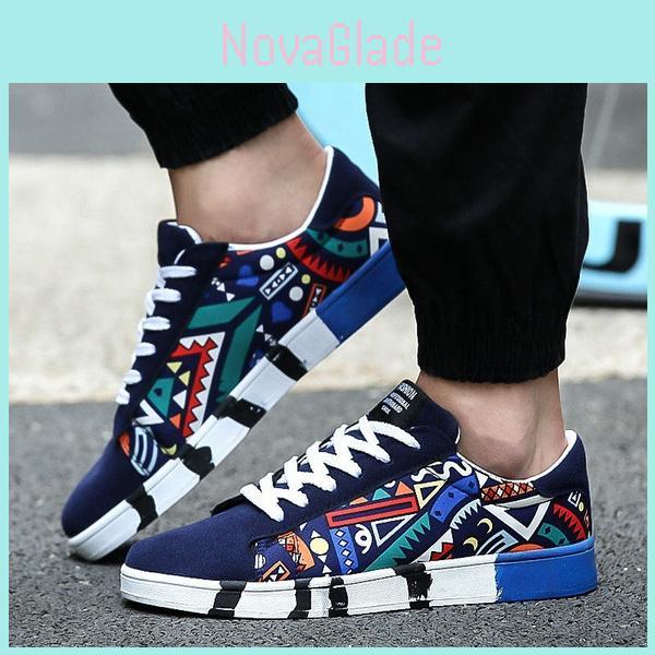 Men Spring Casual Flat Colorful Cool Graphic Low Top Canvas Sneakers Shoes Durable Rubber Sole And Canvas Upper