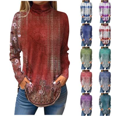 Футболки для женщин, осенние повседневные рубашки с длинными рукавами, толстовка с винтажным принтом, топ с высоким воротом, пуловер