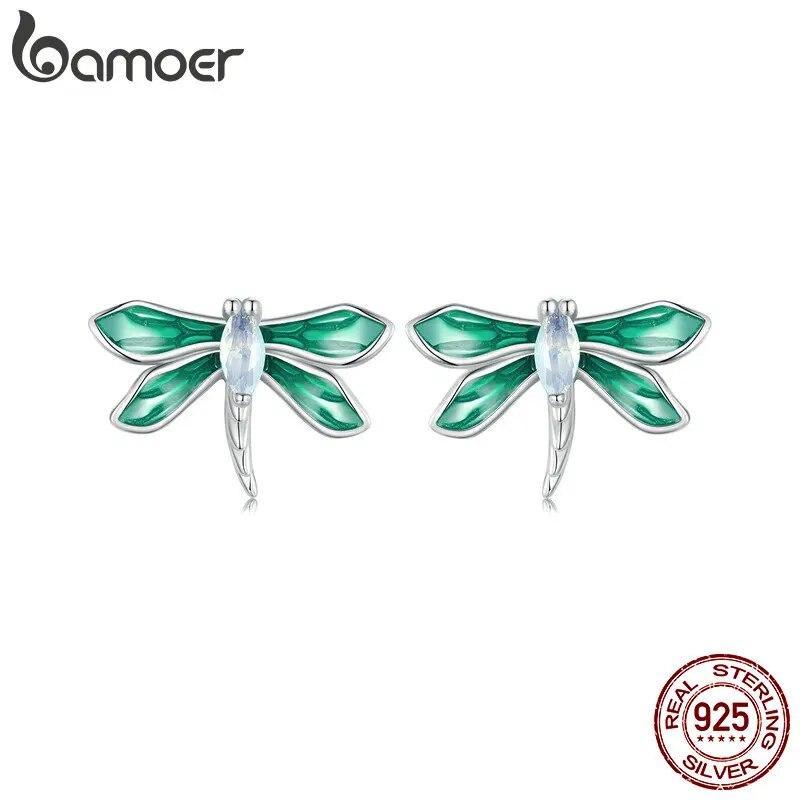Bamoer, серьги-гвоздики из стерлингового серебра 925 пробы, зеленые стрекозы, серьги-гвоздики из белого золота, серьги с насекомыми для женщин, вечерние ювелирные изделия, подарок