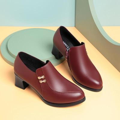 Бордовые туфли на толстом каблуке из мягкой кожи для женщин - Весна и Осень 2022, Удобные для женщин среднего и пожилого возраста