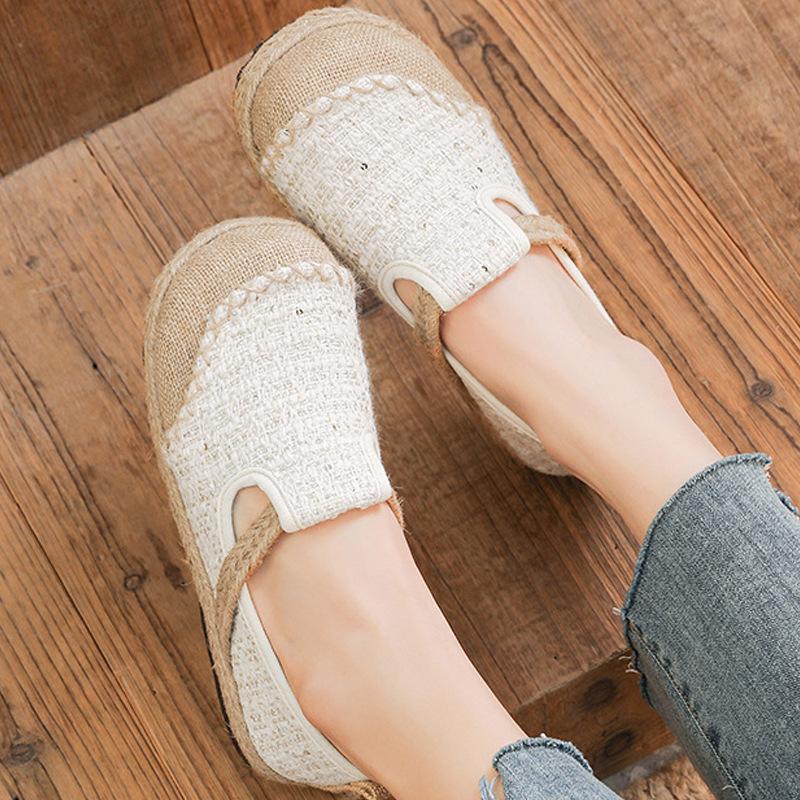 Женские туфли без застежек со скрытым каблуком, удобные туфли из льна на танкетке с низким верхом, тканевые туфли в этническом стиле