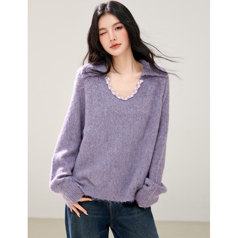 Autumn/Winter 2026 French Purple Knit Lapel Sweater