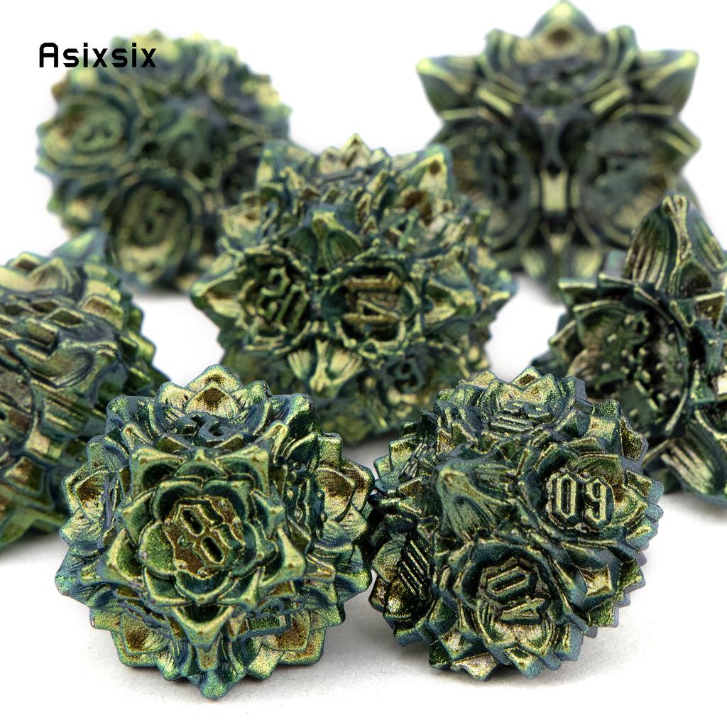 7 Pcs Green Yellow Lotus Flower  Metal Dice Solid Metal Polyhedral Dice Set Suitable for Role-Playing RPG  Board Game Card Game