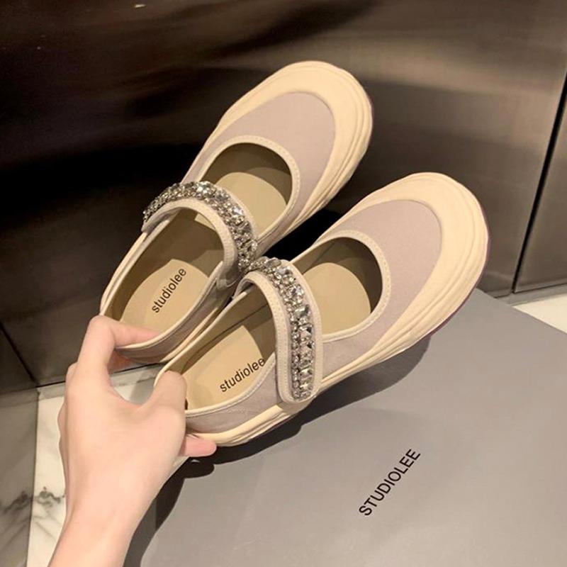 Галерея Обувь для девочек из парусины Женские туфли со стразами и липучками, с круглой головкой, неглубокие, полуперетягивающиеся, повседневные туфли на платформе