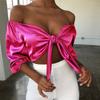 Women Off Shoulder Satin Silk Blouses Bandage Bowknot Shirts Long Sleeve Crop Top Lantern Sleeve Summer Tops