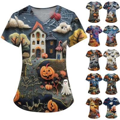 Женская мода с v-образным вырезом, короткими рукавами и карманами, топы с принтом