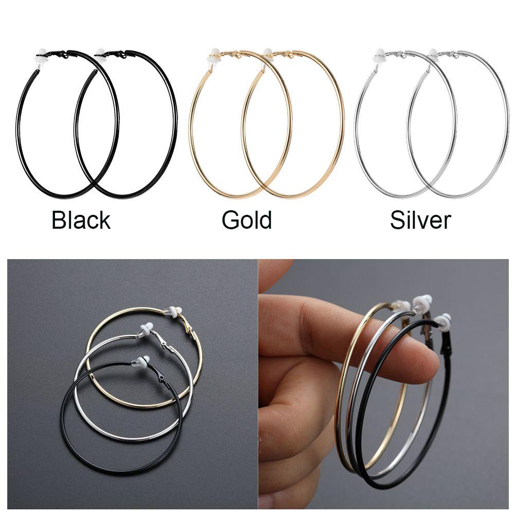 Пара ювелирных изделий золото серебро черный женская мода большой круг клипса на ухо без пирсинга серьги кольца