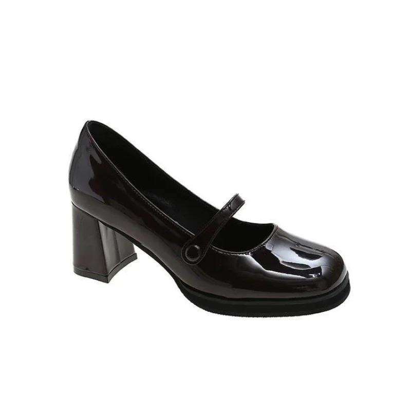 Празднуйте Летние Новые Лакированные Коричневые Туфли Винтажные Туфли на Толстом Высоком Каблуке Женские Женские Квадратный Носок Массивный Каблук 2025 черный