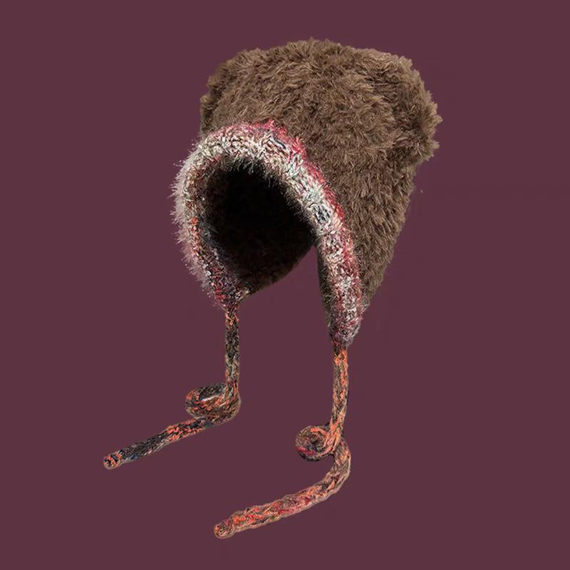Lace-Up Bear Ears Plush Hat Women'S Winter Versatile Warm Ear Protection Knitted Hat Big Head Circumference Wool Hat