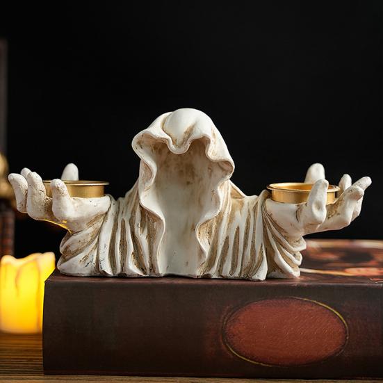 Halloween Grim Reaper Candle Holder Gothic Grim Reaper Statue Resin Candlestick Desktop Decoration for Halloween Home Decor