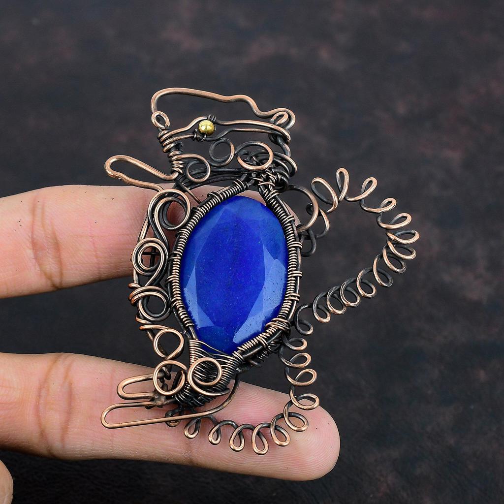 Граненый кулон из синего сапфира, кулон, обернутый медной проволокой, кулон с драгоценным камнем в виде кролика, ювелирные изделия с проволочным дизайном, медные ювелирные изделия ручной работы, подарки для нее