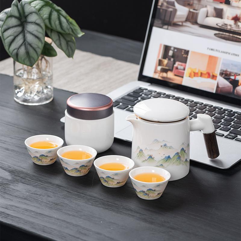 Suet jade tea separation, a pot of four cups, travel tea set, teacup set, business commemorative high-end gift box souvenir