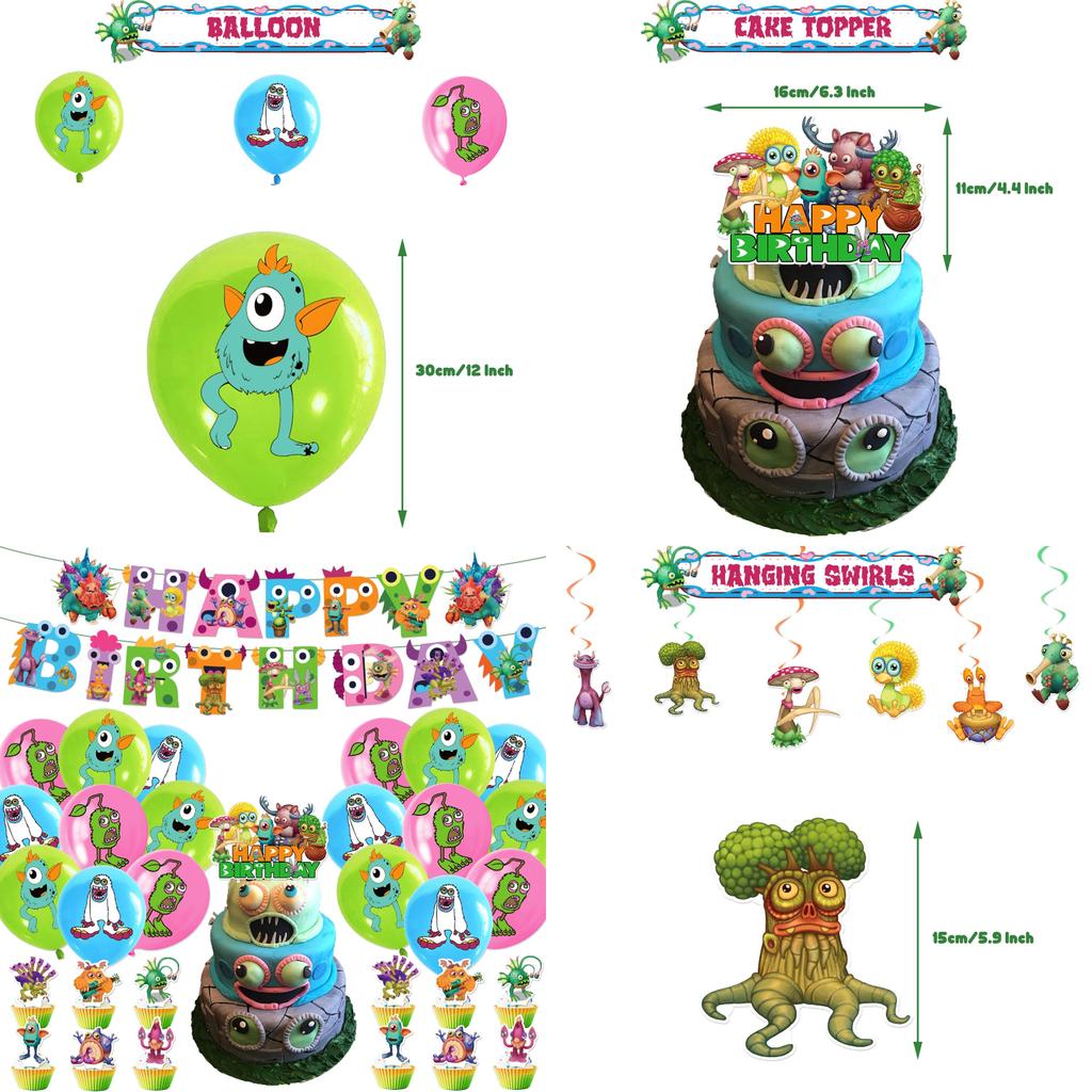 Набор украшений для дня рождения My Singing Monster: флаг, воздушные шары, топперы для торта и многое другое