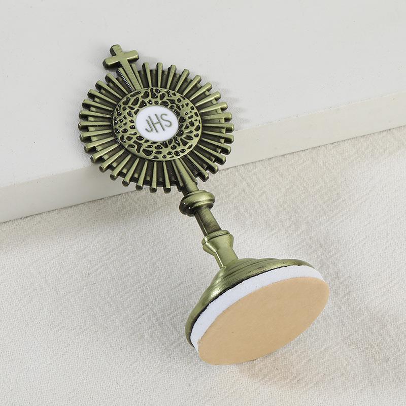 Elegant Metal Art Craft Eucharist Monstrance - Home Office Desk Decor & Car Dashboard Religious Ornament with Detachable Base