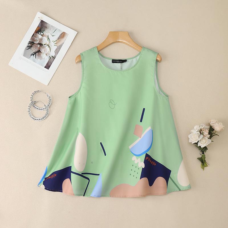 ZANZEA Женские повседневные летние майки без рукавов с круглым вырезом и принтом