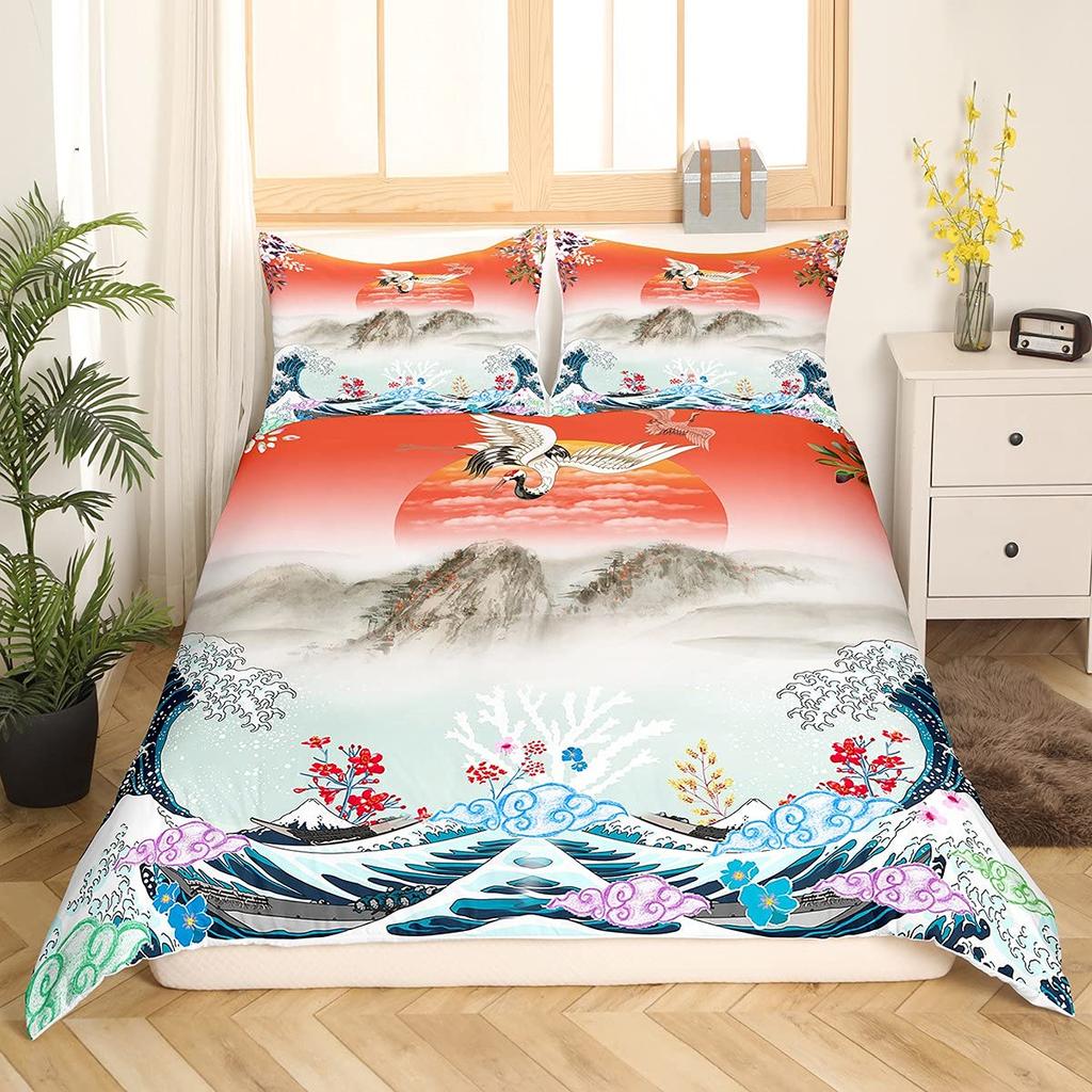 Crane Bedding Set Girl Cherry Blooming Fuji Mountain Sun Duvet Cover Kids Women Lotus Floral Comforter Cover Watercolor Decor