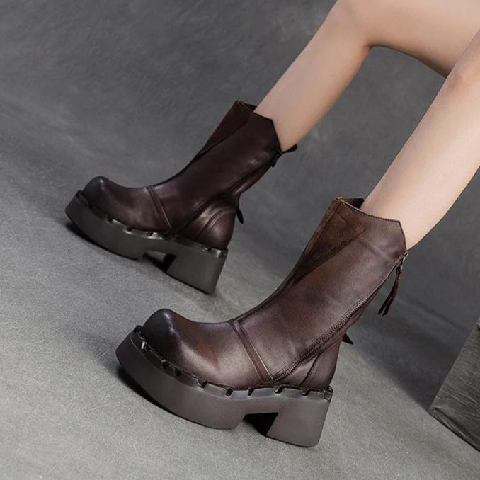 Johnature Genuine Leather Mid-calf Boots Retro Commuter Side Zipper Thick Heel Thick Bottom Women's Boots