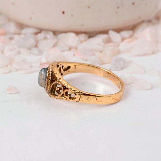 Labradorite Gold Plated Marquise Ring | Vintage Filigree Brass Jewelry | Mystical Stone Gift for Her