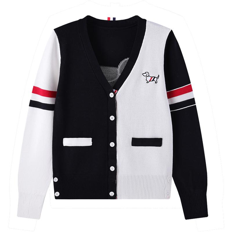 Весна Осень V-образный вырез Вышивка Собака Вязаный свитер Пальто Куртка Женская мода Контрастный цвет Длинные рукава Джемперы