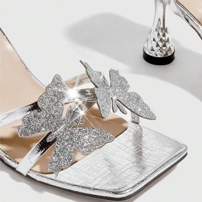 Роскошные блестящие сандалии на высоком каблуке с украшением в виде банта, женская модная серебристая модель с квадратным носком и ремешком на щиколотке, элегантная свадебная обувь для невесты