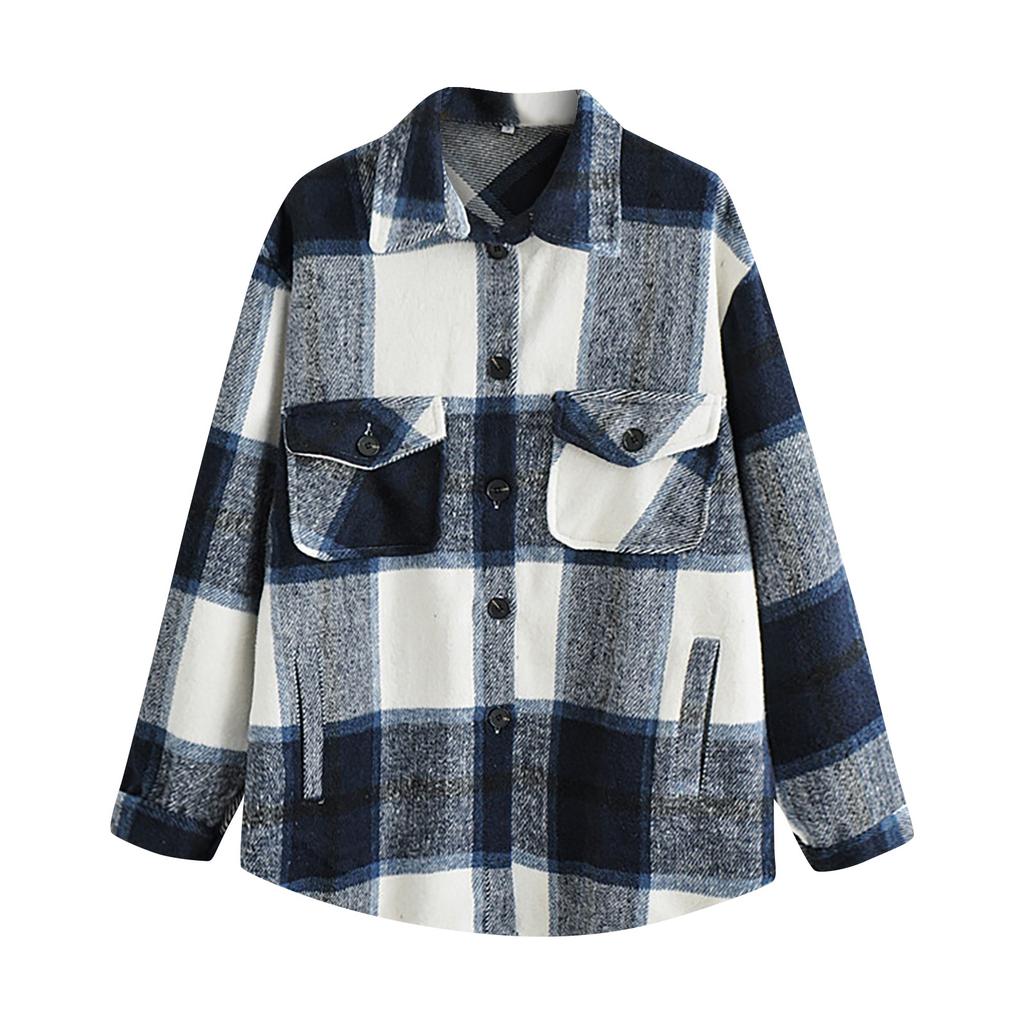 Модная женская повседневная свободная шерстяная плюшевая клетчатая куртка-рубашка с длинными рукавами