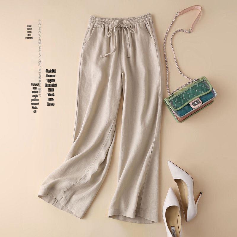 Женские брюки с высокой талией из хлопка и льна с широкими штанинами - Свободные, Стройнящие, Дышащие, Большого размера, Повседневные прямые штанины для весны и осени