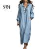 Women Casual Dresses Ruffle V Neck Long Dress, Loose Fit Midi Solid Color Sleeves Dress for Spring Autumn