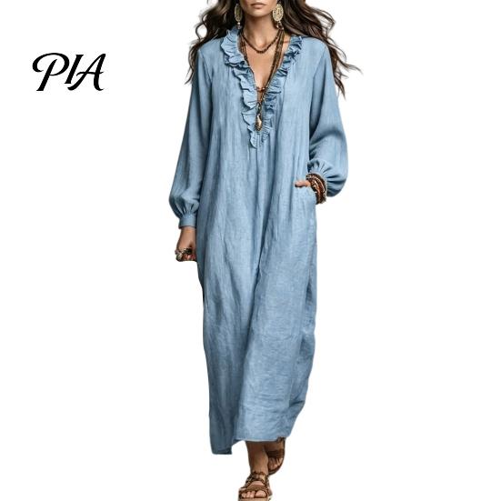 Women Casual Dresses Ruffle V Neck Long Dress, Loose Fit Midi Solid Color Sleeves Dress for Spring Autumn