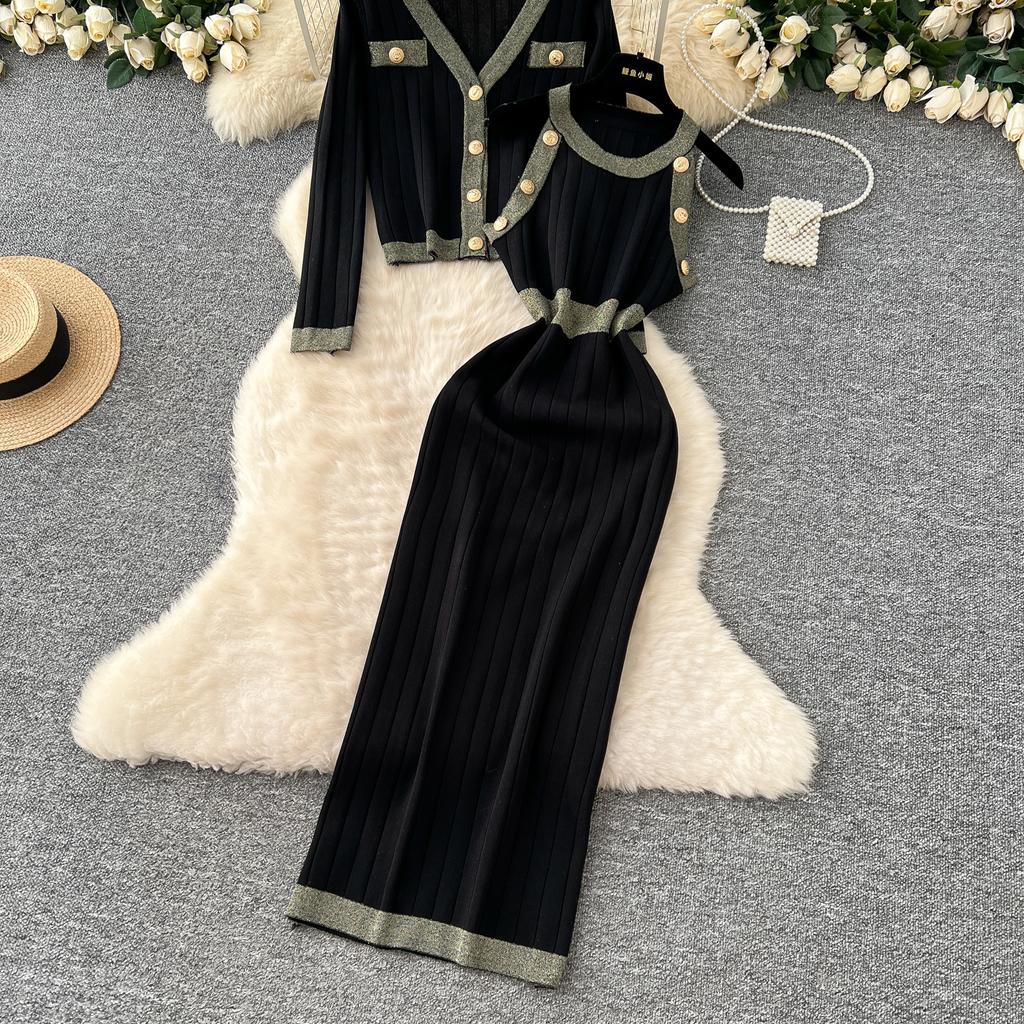 Autumn Winter Women Knitted Sweater Two Piece Set V-neck Jacket Coat and Sleeveless Long Midi Slim Bodycon Sheath Dress Suit