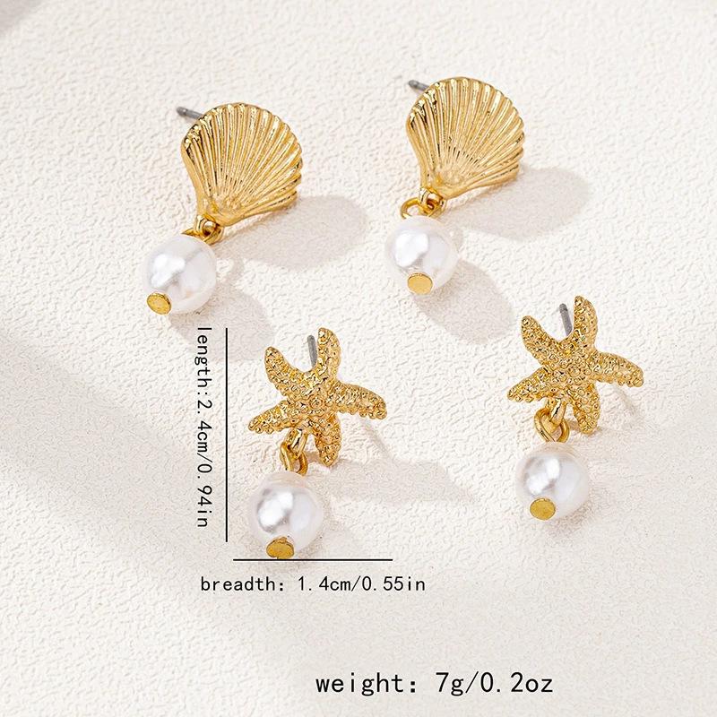 Creative Star Seashell Zircon Earrings 6 Piece Set for Women Electroplated Alloy Vacation Style Fresh and Sweet