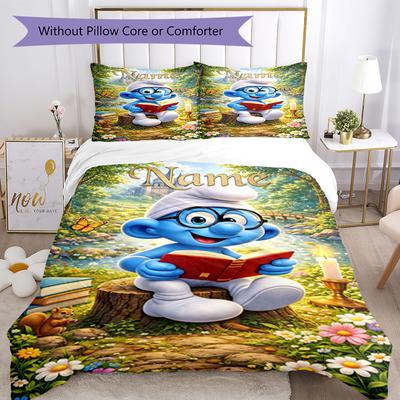 3Pcs Custom Name Smurfs Bedding Set Duvet Cover Closure Includes 1Duvet Cover 2Pillowcases Soft And Comfortable For All Seasons