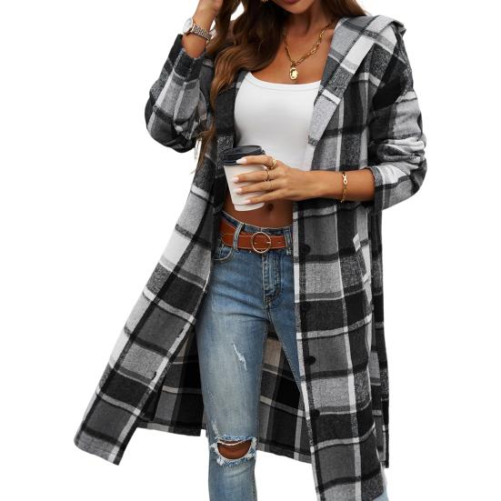 Women Spring Fall Coat with Hood Plaid Printing Loose Mid Length Long
