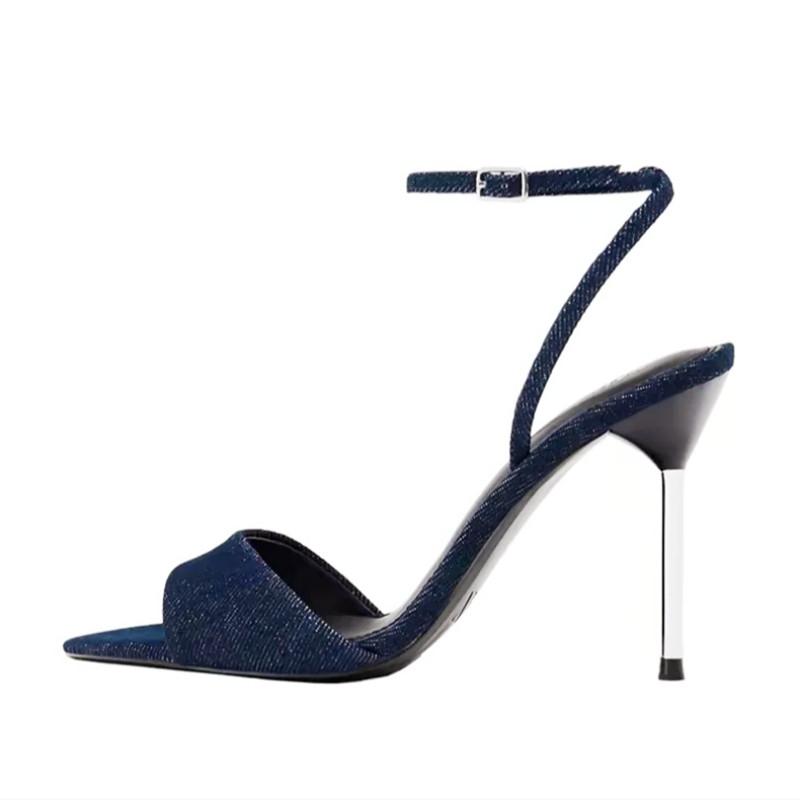 Denim Blue Thin Heeled Sandals Women Sexy Peep Toe Ankle Strap Buckle High Heels Summer Elegant Pumps Comfort Casual Sandalias