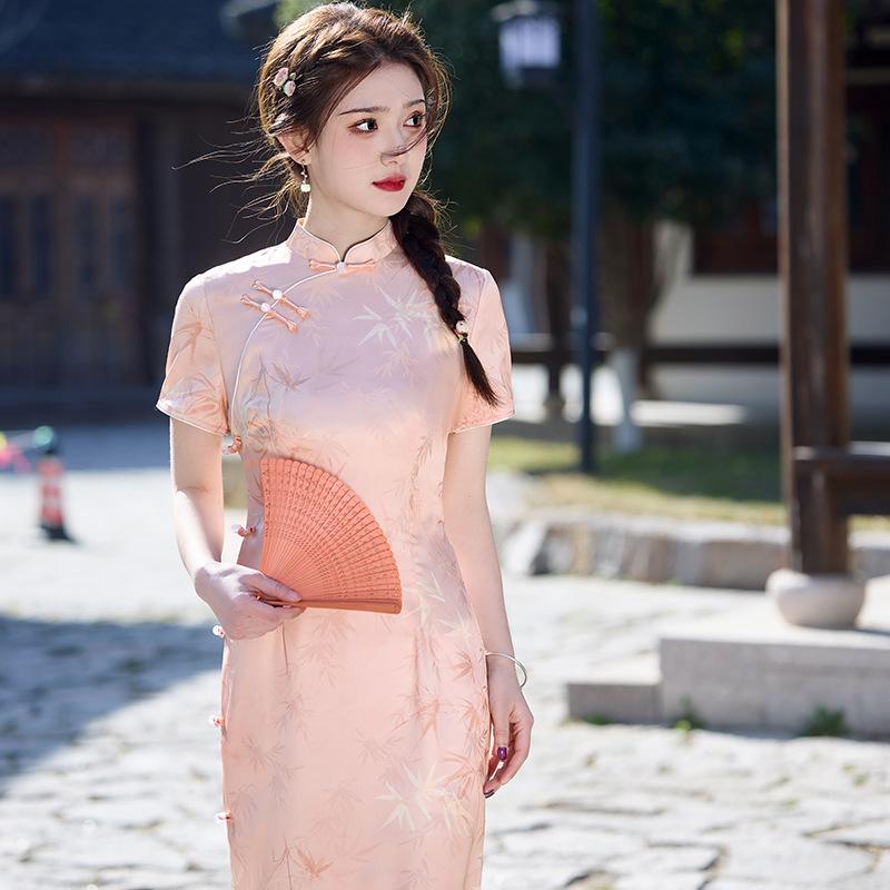 Spring and Summer 1011 Pink Bamboo Leaf Lady Cheongsam Double Layer Improved Jacquard Daily Young