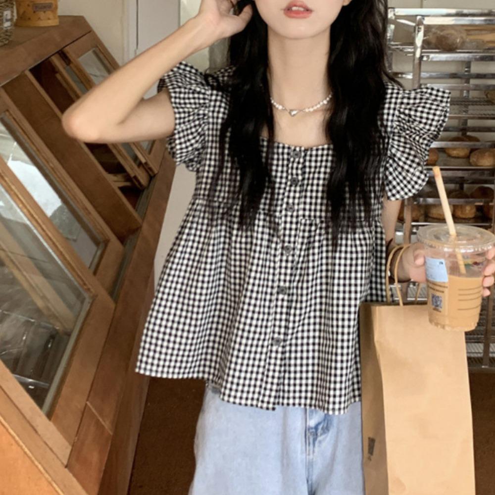 Оборки Милый свободный топ без рукавов с летящими рукавами Укороченный топ Шикарные клетчатые блузки для женщин и девочек