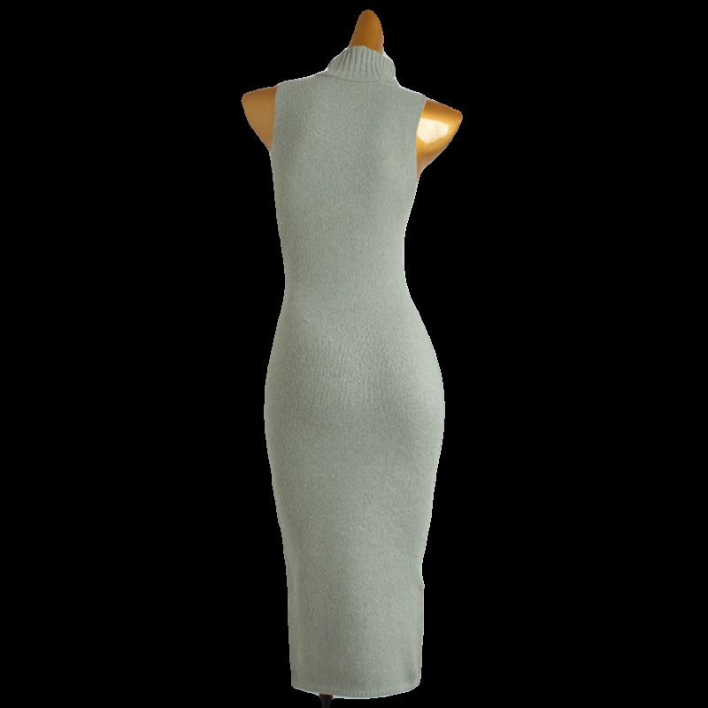 Fashion Style Fall and Winter New High Neck Sleeveless Knitting Dress Women's Tight Waist Slim Looking Overknee Sweater Vest Dress