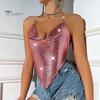 Women Sequin Sling Tops Halter Sleeveless Backless Short Vest with Metal Chain Laces And Swing Collar Sexy Camisole