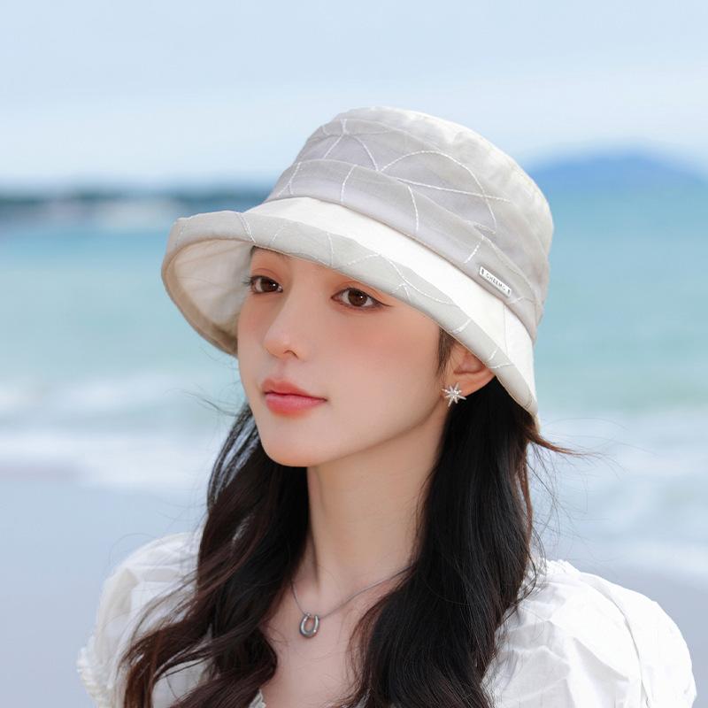 Spring and summer thin organza breathable sun hat women's outdoor leisure sunscreen fashion crimped bucket hat basin hat