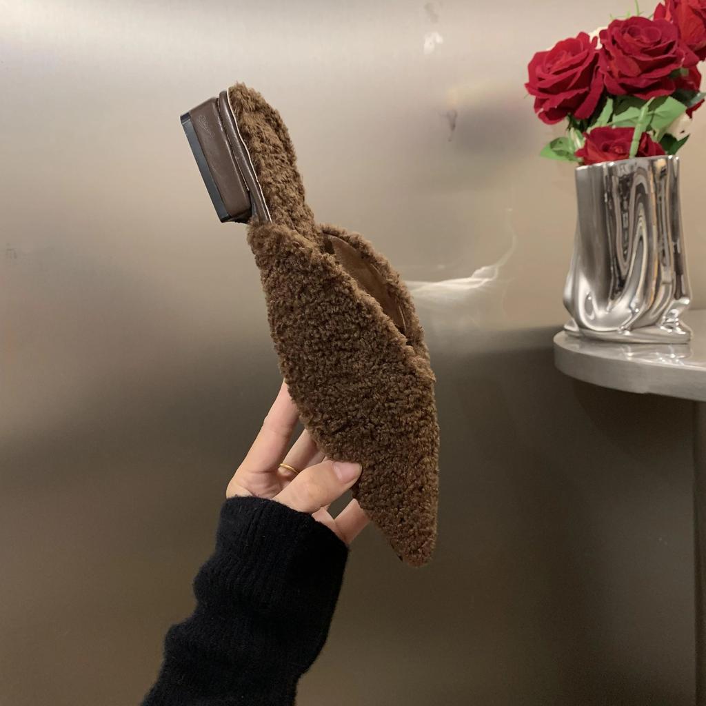 Fashion 2024 Spring Woman Fur Mules Slippers Fashion Slides Shoes Ladies Elegant Outdoor Street Style Low Heel Footwear