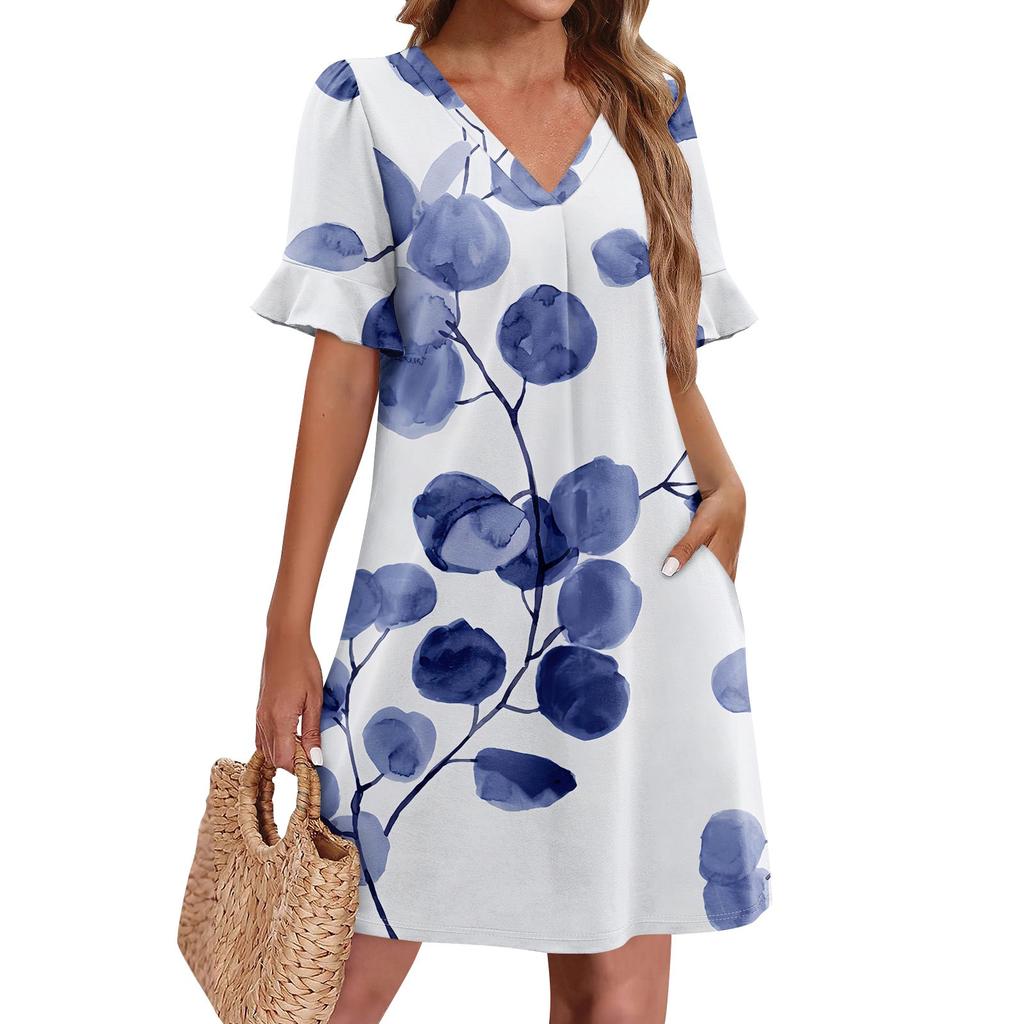 Летние платья для женщин с V-образным вырезом, оборками и коротким рукавом, повседневное свободное платье с принтом, пляжное платье с карманами