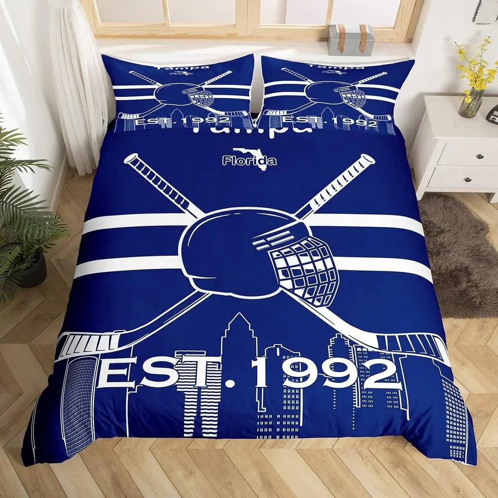 Ice Hockey Duvet Cover Helmet Skates Comforter Cover Winter Ice Sports Games Bedding Set for Boys Puck Hockey Player Quilt Cover
