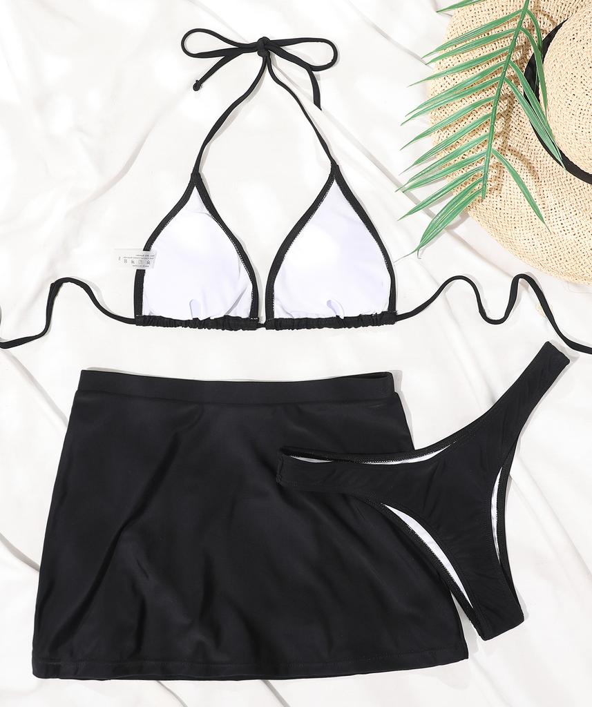 Women's Swimsuit Black Halter High Waist Slit Sexy Back Tie Bikini Three Piece Swimwear