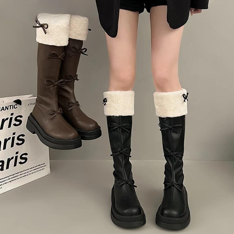 Autumn Winter Short Plush Woman Knee High Boot Fashion Butterfly-knot Knight Long Booties Botas Feminino
