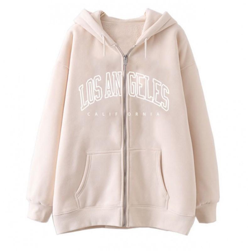 Zip-Up Hooded Sweatshirt Women Loose Fit Streetwear Geometric Print Cotton Long Sleeve Oversized Pullover