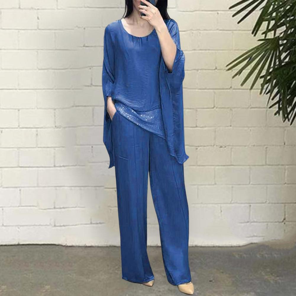 Женский повседневный костюм, топ, широкие брюки, свободный наряд для дома, вечеринки, офиса, с круглым вырезом, с рукавами «летучая мышь», комьютерный костюм