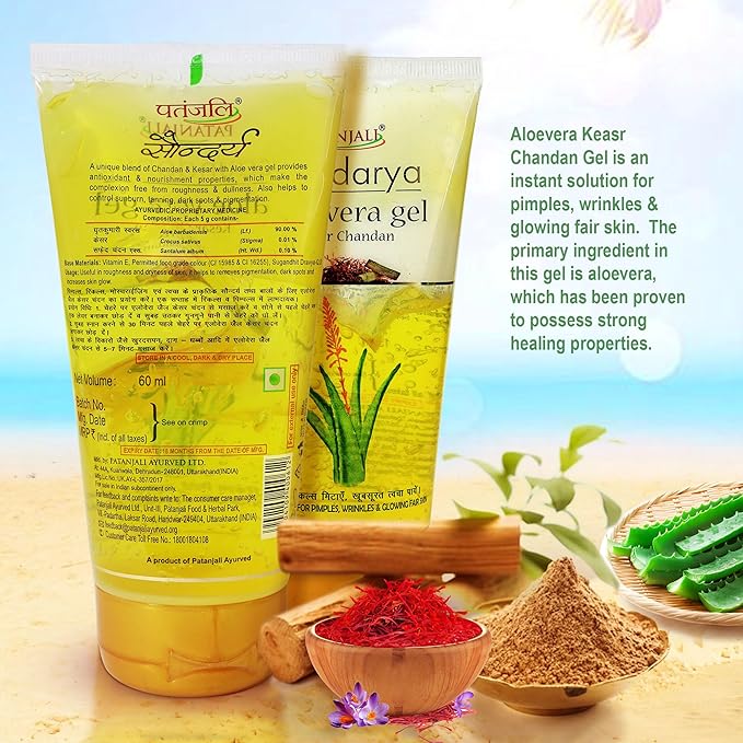 Patanjali Гель для умывания лица Saundarya с алоэ вера, шафраном и сандалом 60 мл Для мужчин, женщин, против акне и прыщей, Для всех типов кожи